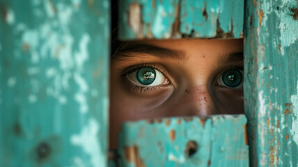 Child's eyes peeking through a wooden gap.