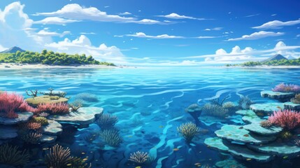 Naklejka na ściany i meble Split View of Tropical Island and Underwater Coral Reef