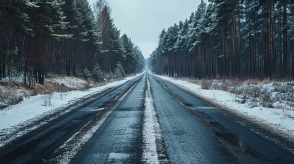  a road in the middle of a forest with snow on the ground and trees on both sides of the road and a line of pine trees on the other side of the road.