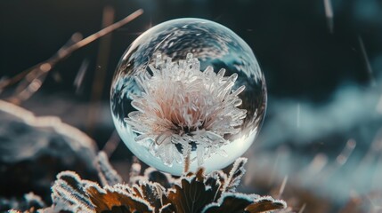  a close up of a glass ball with a flower inside of it on a plant with lots of snow flakes on the outside of it and a blurry background.
