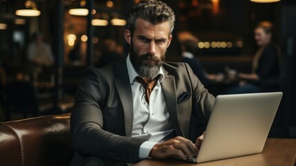 Serious Bearded Businessman Working on Laptop in Cafe