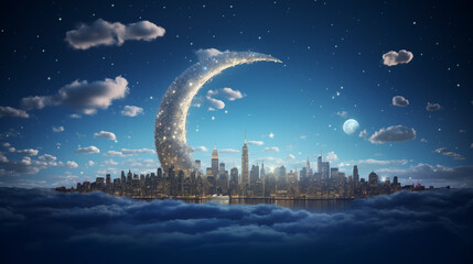 A whimsical crescent moon illustration in the fluffy clouds in the sky among the stars