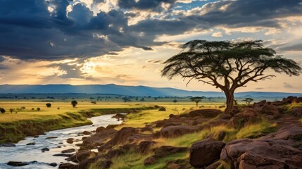Savanna Landscape with Acacia Tree and River