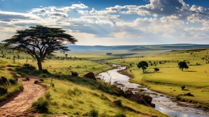 Fototapeta na wymiar Savanna Landscape with Acacia Tree and River