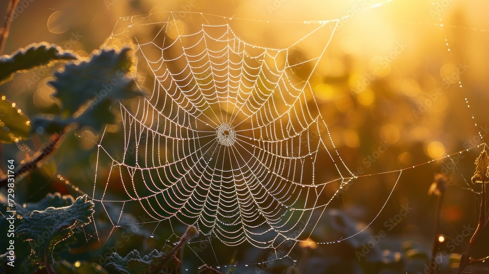 Canvas Prints a close up of a spider web on a plant with the sun shining through the spider's web on the center of