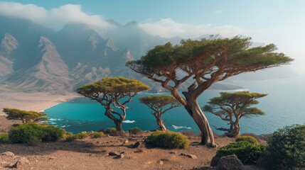 Endemic dragon trees in remote Socotra island, Yemen