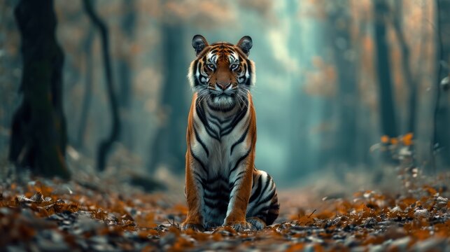  a tiger sitting in the middle of a forest with leaves on the ground and trees in the background, with a blurry image of the tiger's face.