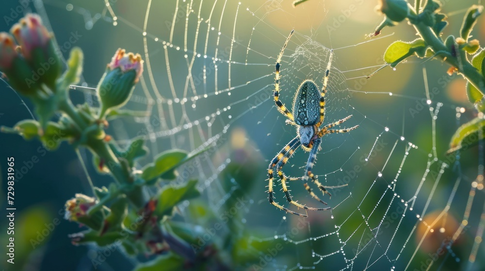 Wall mural a close up of a spider on a web in the middle of a plant with drops of dew on the spider's web in th
