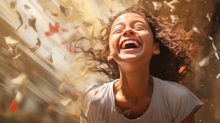 Fototapeta na wymiar Joyful Young Woman Laughing with Confetti