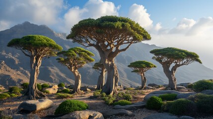 Endemic dragon trees in remote Socotra island, Yemen - obrazy, fototapety, plakaty