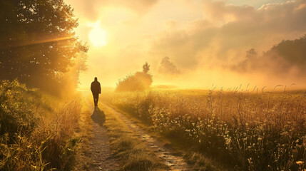 Silhouetted person walking in a misty sunrise.
