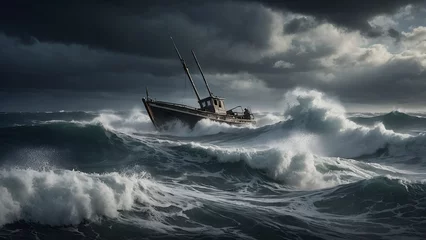 Gordijnen sailboat in storm on the sea © Dhanushka