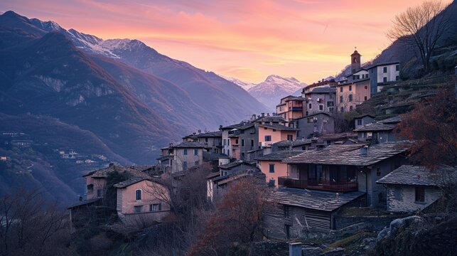  a group of buildings on the side of a mountain with a sunset in the back ground and a mountain range in the distance with snow capped mountains in the foreground.