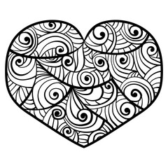Meditative heart with fatty spirals, anti-stress coloring page for Valentine's Day