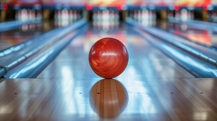 Red bowling ball on lane ready for action. - obrazy, fototapety, plakaty