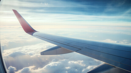 Airplane Wing Over Clouds and Mountainous Terrain Viewed from Window