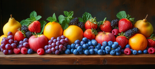 Fresh fruit spread with pears, apples, berries, and citrus, garnished with mint on a wooden...