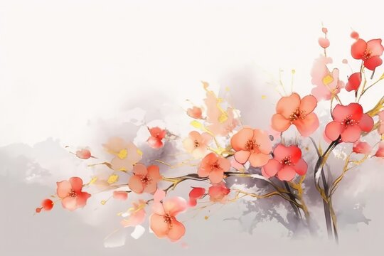 Abstract watercolor art background with pink red peach flowers and gold line. Botanical banner with watercolor paints with transparency effect for design, decor, poster, space texst 