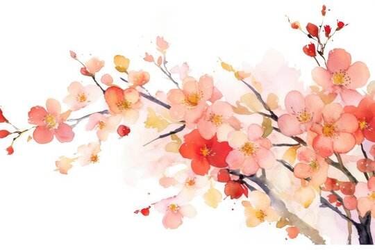 Abstract watercolor art background with pink red peach flowers and gold line. Botanical banner with watercolor paints with transparency effect for design, decor, poster, space texst 