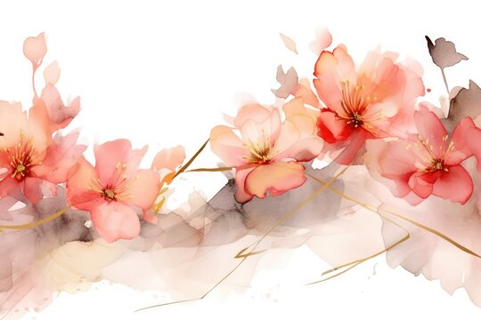 Abstract watercolor art background with pink red peach flowers and gold line. Botanical banner with watercolor paints with transparency effect for design, decor, poster, space texst 