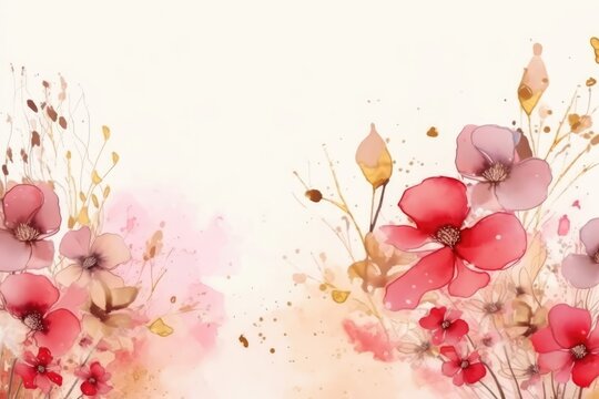 Abstract watercolor art background with pink red peach flowers and gold line. Botanical banner with watercolor paints with transparency effect for design, decor, poster, space texst 