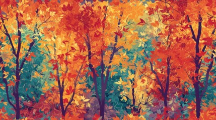  a painting of a colorful forest with lots of trees in the foreground and lots of leaves on the ground in the foreground, with a blue sky in the background.