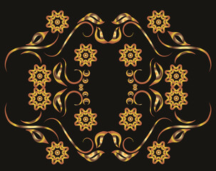 Fantasy illustration with flowers and leaves. Symmetrical ornament, applique, background with space for inscription. Gold gradient on a black background for printing on fabric, applique and cards.