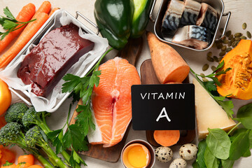 Set of high in vitamin A. Concept of healthy. - obrazy, fototapety, plakaty