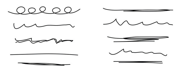 Hand drawn line set. Sketch scribble pencil stroke style. Horizontal wave and zigzag doodle line with white background.