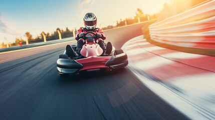 Kart Racer Speeding at Sunset, Dynamic Track Action, Motorsport Rush