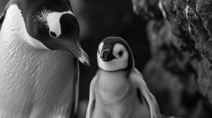  a black and white photo of a penguin and a baby penguin standing next to each other in front of a rock wall and a black and white photo of a penguin with a black and white background.