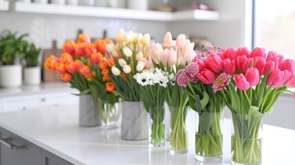  a row of vases filled with flowers sitting on top of a counter next to a counter top with pots of flowers sitting on top of the counter top of the vases.
