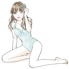 水着で座っている女性