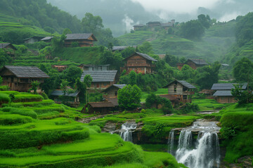 Small village in the middle of green mountains, with clear river water