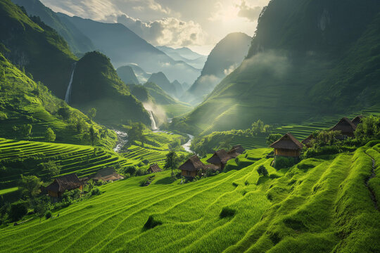 Small village in the middle of green mountains, with clear river water
