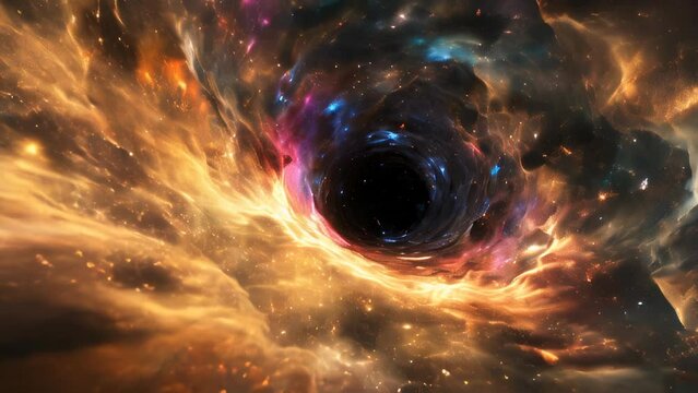 A black hole at the center of the galaxy depicted consuming surrounding nebulae and light.
