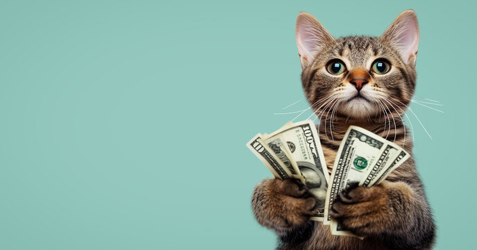 A funny financier cat holds banknotes in his paws.