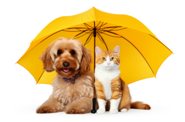 Cat and dog sitting under an umbrella