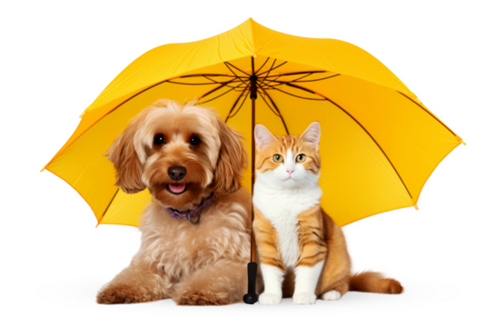 Cat and dog sitting under an umbrella