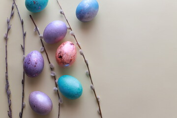 Flat lay Easter eggs with willow. Religion. Easter banner