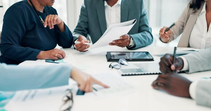 Company report, hands and boss with feedback, boardroom and stats in documents with tech. Leader, showing and analysis in meeting, desk and strategy of deal, financial and presentation from tablet