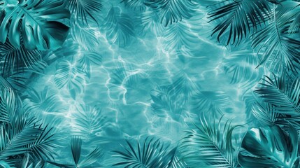  a picture of a pool of water with palm leaves on the bottom and bottom of the pool in the middle of the frame, with a blue sky in the background.