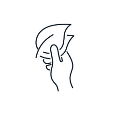 Hand with leaves. Clean environmental product, production. Natural ingredient.Vector linear icon isolated on white background.