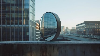  a round mirror sitting on top of a cement wall next to a tall building with lots of windows and a sky scraper in the middle of the reflection of the mirror.