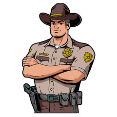 Texas police sheriff with his arms crossed, vector, logo, cartoon, mascot, character, illustration
