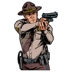 Texas police sheriff aims a gun, vector, logo, cartoon, mascot, character, illustration