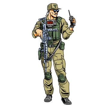 Military soldier with weapon and walkie-talkie, vector, logo, cartoon, mascot, character, illustration