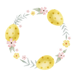 Frame of cute colorful Easter eggs, flowers and leaves. Paschal Concept with yellow Easter Egg. Isolated watercolor illustration. Template for Easter cards, covers, posters and invitations.