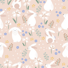 Lovely bunny with flowers. Seamless rabbit pattern