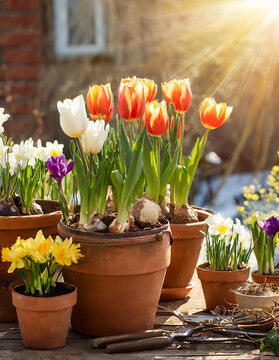Fototapeta Spring decoration, tulips, daffodils, crocuses in wedge baskets on the background of a spring garden